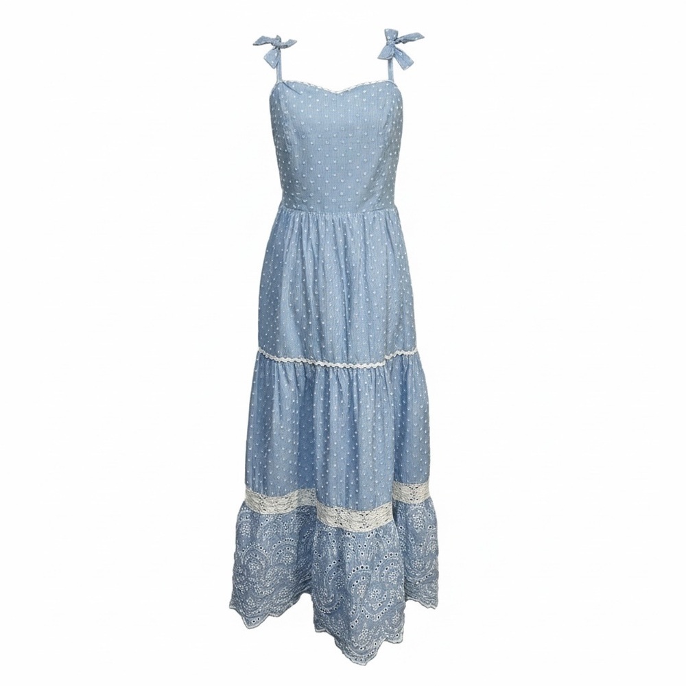 Shabby Chic Blue White Cotton Boho Sundress Tie Strap Tiered Embroidered size 10 - Picture 2 of 10